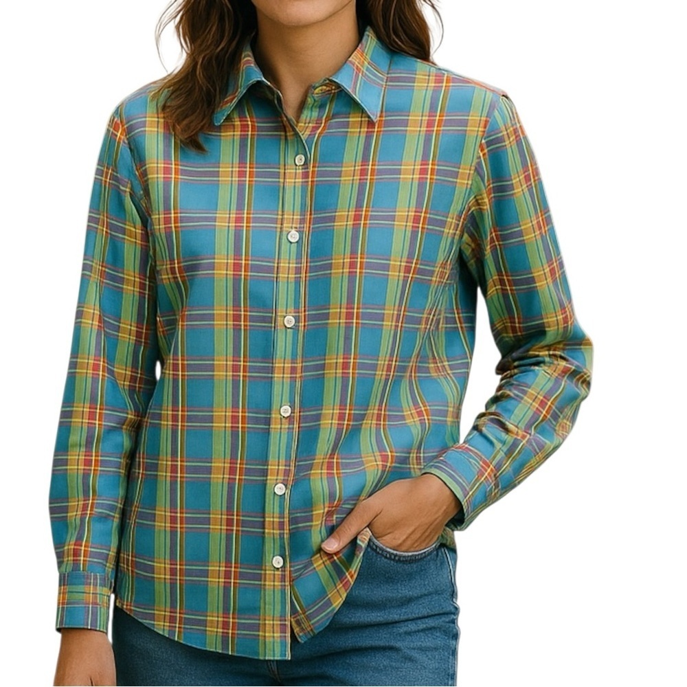 Foxcroft Blouse Top Women’s 14 Wrinkle‎ Free Plaid Yellow Blue Preppy Career